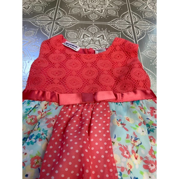 Blueberi Boulevard 3T Dress Peach Crocheted Bodice with Floral and Polka Dots - Picture 2 of 4